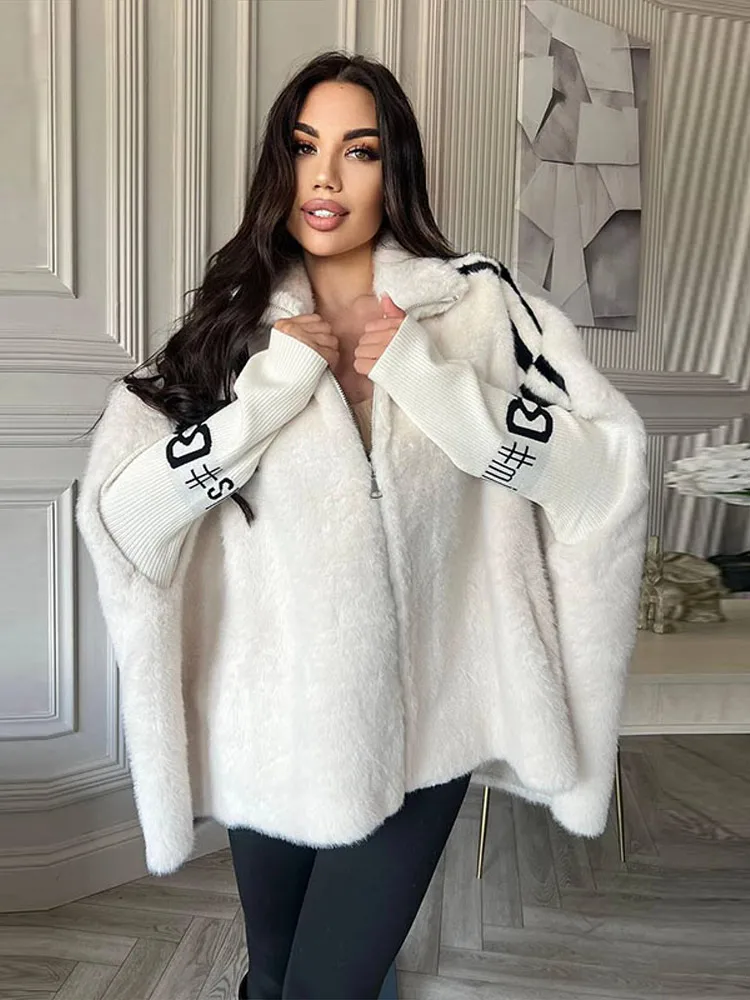 2025 herbst Winter Warme Oberbekleidung Casual Faux Pelz Übergroßen Mit Kapuze Mantel Für Frauen Mode Patchwork Gestrickte Ärmeln Zipper Jacke