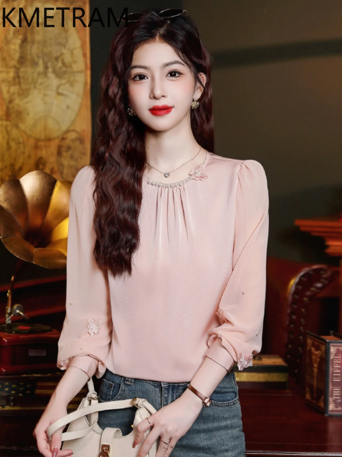 KMETRAM 90% Mulberry Silk Tops Woman Long Sleeve Women's Shirts Solid Elegant Tops for Woman Clothing 2025 Spring Tops Femme