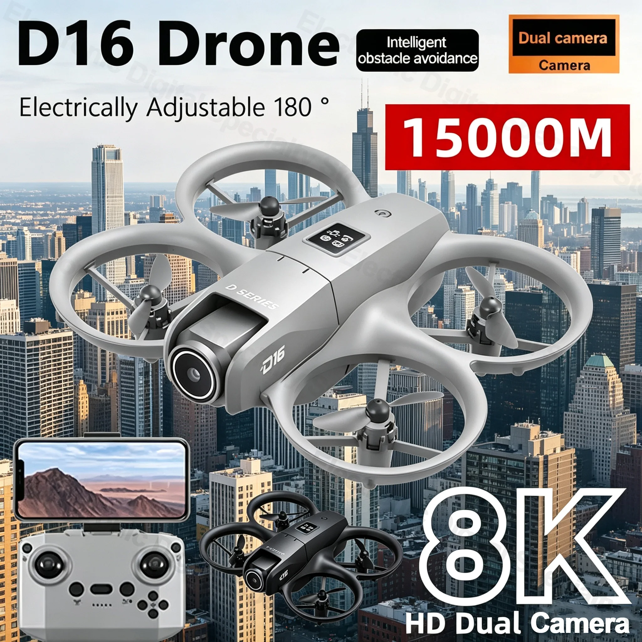 D16 Drone 8K Mini HD Dual Camera Profesional 180° Electric Adjustable GPS Positioning Obstacle Avoidance Bushless UAV 15000M