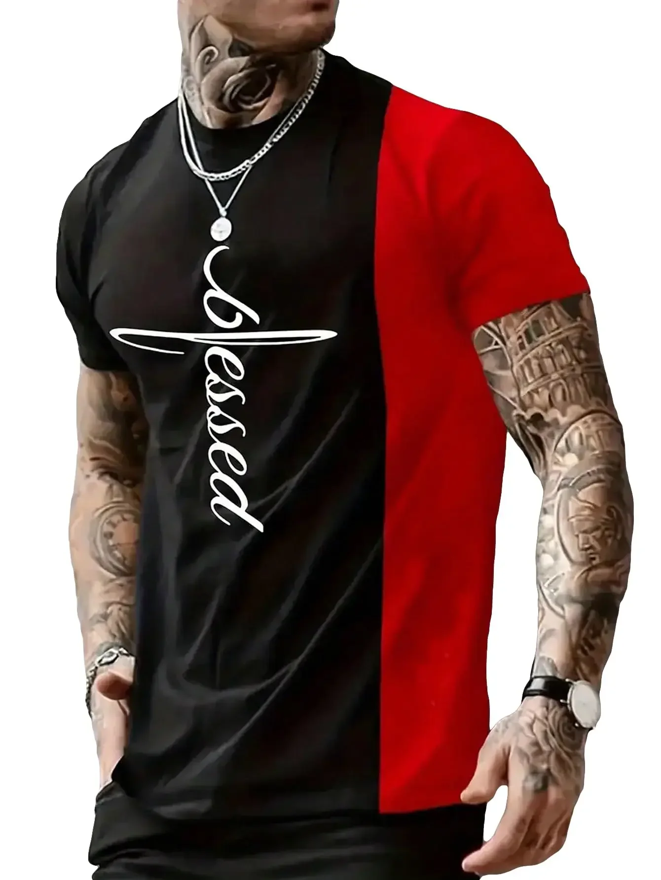Trendy Men's Color Block Blessed Cross Letter Print T‑Shirt Black Red Splice Crew Neck Short Sleeve Faith Casual Tee Shirts
