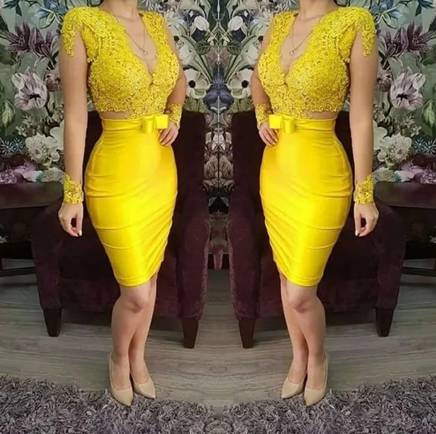 

Yellow Short Prom Cocktail Homecoming Dresses V-neck Long Sleeves Lace Appliques Birthday Party Wear Robe De Soiree