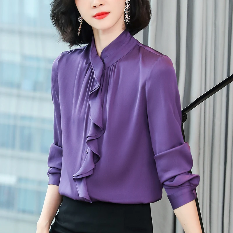 

Новые женские винтажные рубашки для весны и осени, элегантные блузки с воротником-стойкой, однотонные рубашки с длинным рукавом, женские блузки из натурального шелка