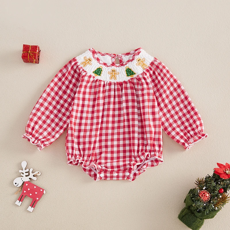 Baby Girl Christmas Outfit Smocked Bubble Romper Santa Puff Long Sleeve Plaid Bodysuit Fall Xmas Clothes