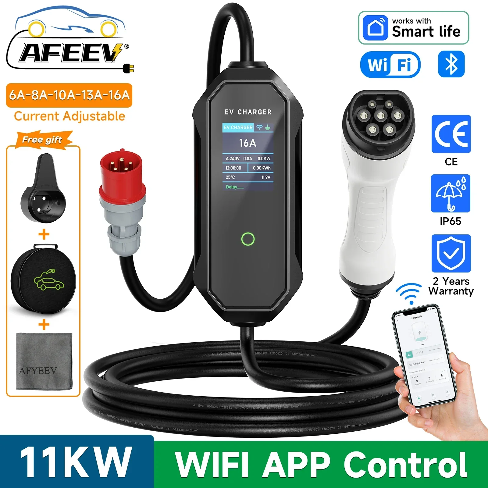 AFEEV Type 2 Portable EV Charger 11KW 16A 3Phase Wallbox IEC62196-2 EVSE Fast Charging Cable CEE Plug WIFI APP Bluetooth Control