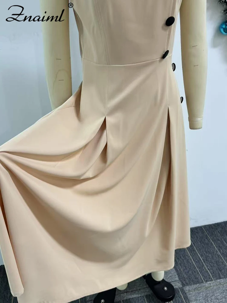 Znaiml Elegant Stand Sleeveless A-Line Pleated Khaki Mid Dresses Women Office Lady Fashion Evening Gown Birthday Prom Vestidos
