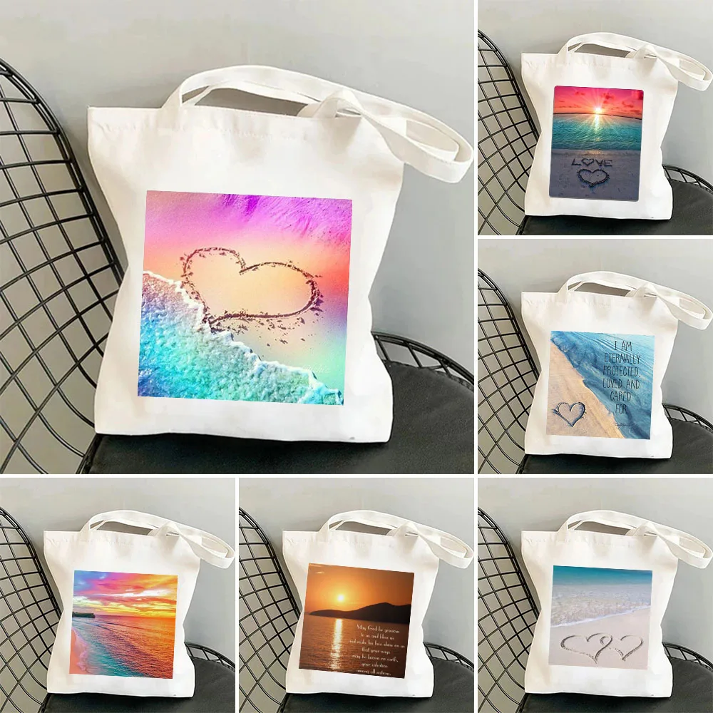 Sea Love Heart Beach Sunset Letter Landscape Scenery Coast Women Girl Canvas Shoulder Harajuku Handbag Tote Shopper Shopping Bag