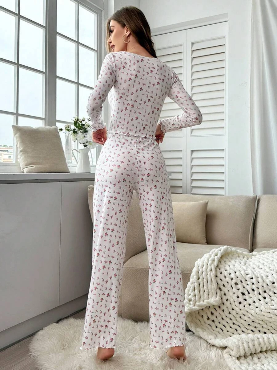 Mozuleva Long Sleeved V-Neck Pajama Set Fashion Small Floral T-Shirt Printed Hem Trousers Loose Casual Home Clothing 2-Piece Set