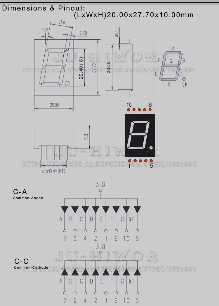 10 Stück 10 Pins 8106AW 8106BW 0,8 Zoll 1 Ziffern Bits 7 Segment weiße LED-Digitalanzeige Digitron gemeinsame Anode Kathode C-A C-C