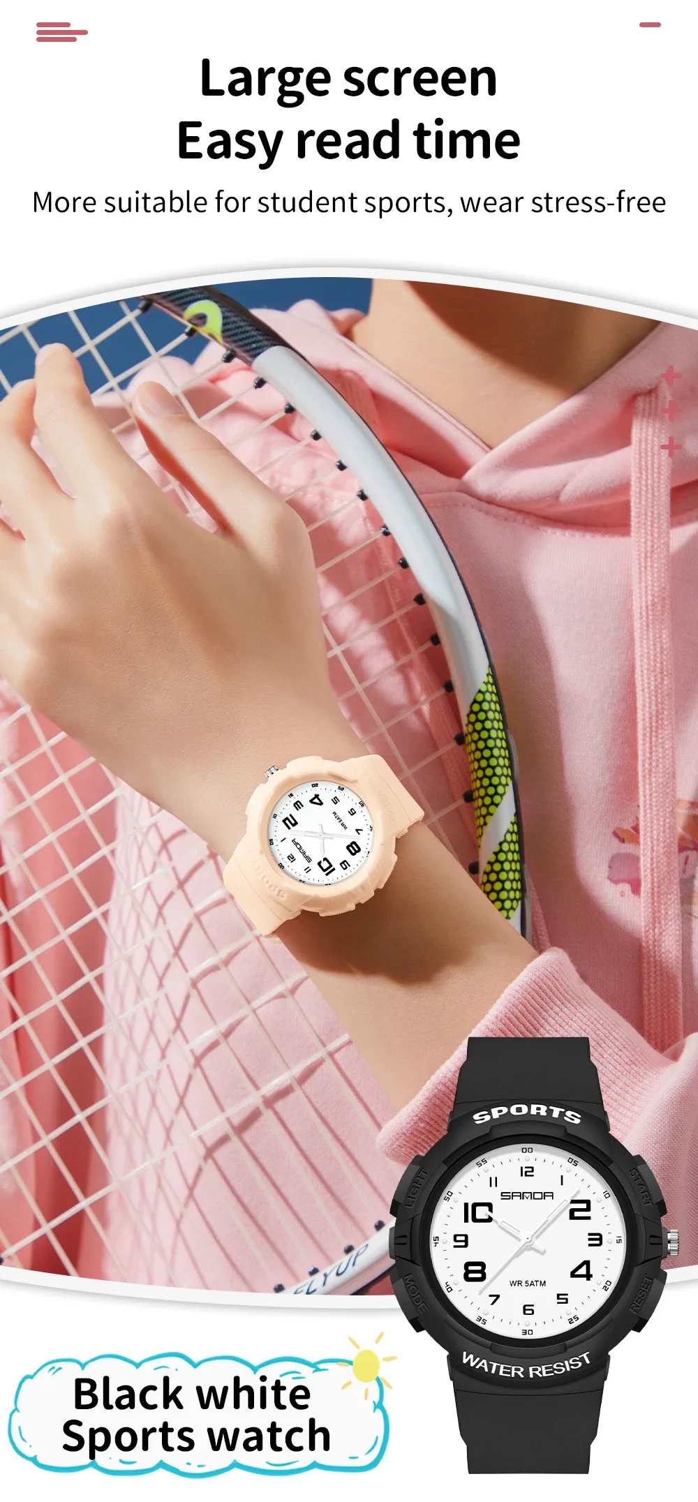 Sanda Trendy Design Soft Student Watch TPU Strap 50M Depth Waterproof Quartz Movement Children Fashion Sports Wrist Watch