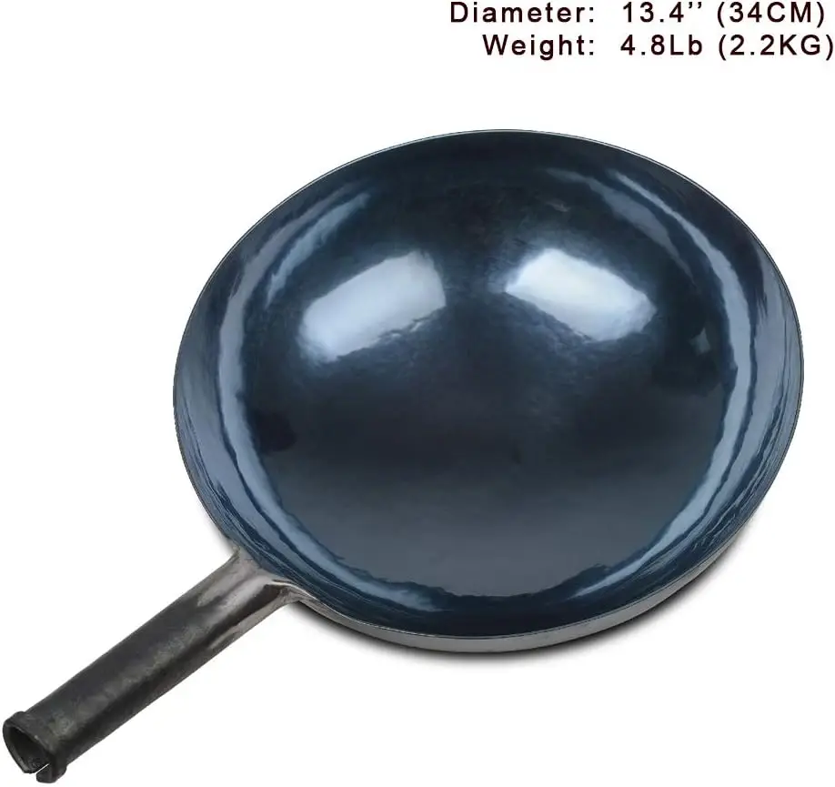 Chinese Hand Hammered Iron Woks and Stir Fry Pans, Non-stick, No Coating, Less Oil, ，Carbon Steel Pow (Seasoned 34CM)