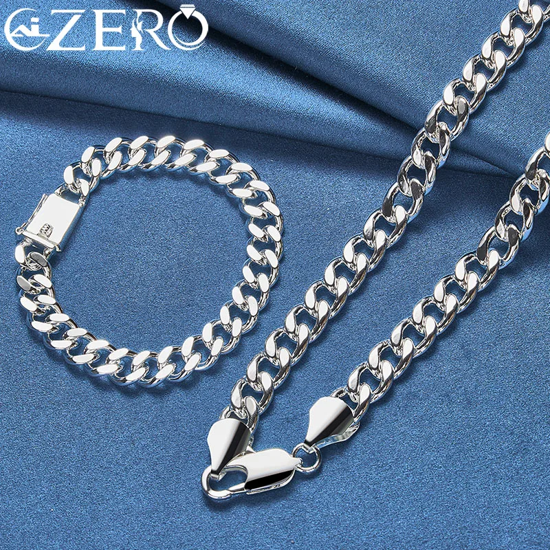 ALIZERO 925 Sterling Silver 2pcs Sets 10mm Side Chain Bracelet Necklace For Men Women Fashion Wedding Party Jewelry Set