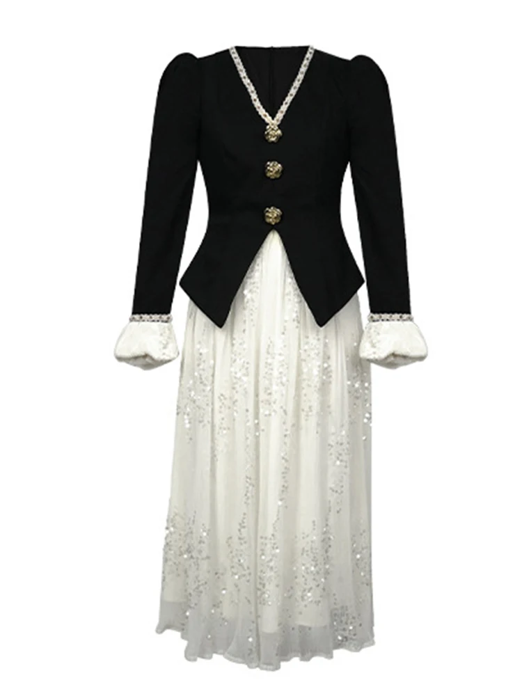 ملابس النساء في الشارع ريترو وهمية 2 قطعة أسود الخامس الرقبة سليم ميدي ألف خط فستان أنيق فاخر سيدة موضة حفلة موسيقية Vestidos رداء