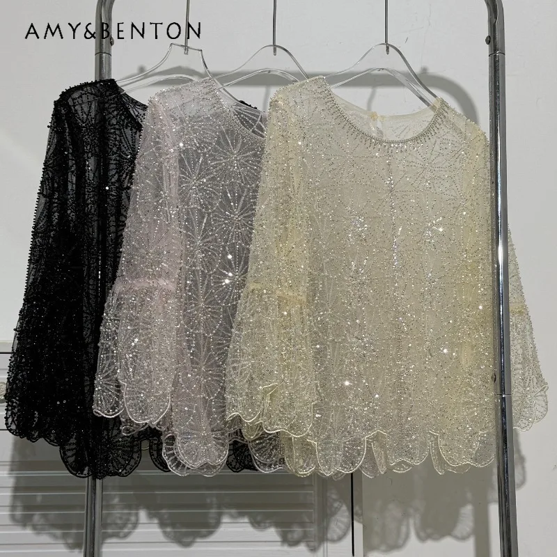 

Beaded Sequin Lace Shirt Women's Crew Neck Long Sleeves Elegant Dreamy Style Pearl Sheer Top Casual Loose Versatile Party Blouse