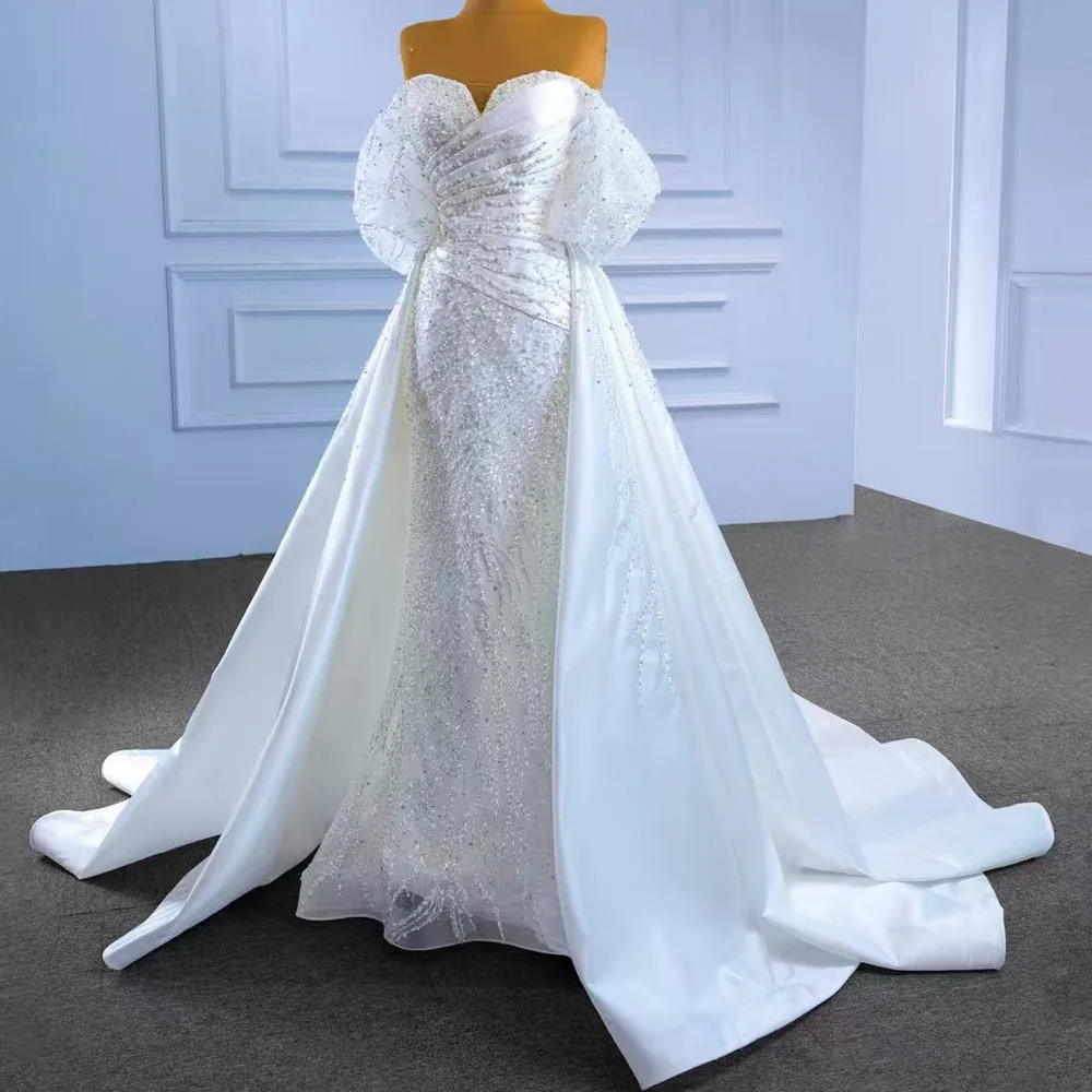 Gorgeous Sweetheart Detachable Train Wedding Dress With Lace-Up Back Pearls Ruched Sequined Sheath Style For Women