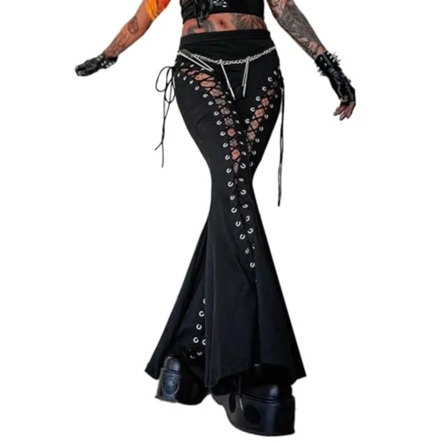 

xxxiticat Women's Up Pants High Waist Bandage Criss Cross Bandage Tie Up Cutout Gothic Flared Bell-Bottom Trousers
