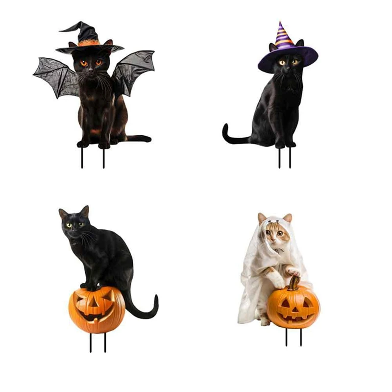 

HOT SALE 4PCS Halloween Decorations Outdoor Cute Cat Yard Sign With Pumpkin Metal Cat Decor For Yard Garden Lawn Ornaments