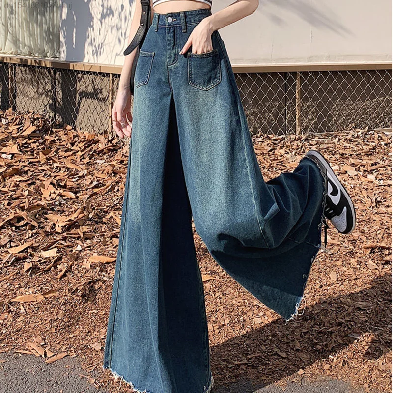 Y2k Denim Clothes 2000s Women Bell Bottom Jeans Yk2 Wide Leg Jeans Vintage Streetwear Trousers Female Korean Traf Straight Pants