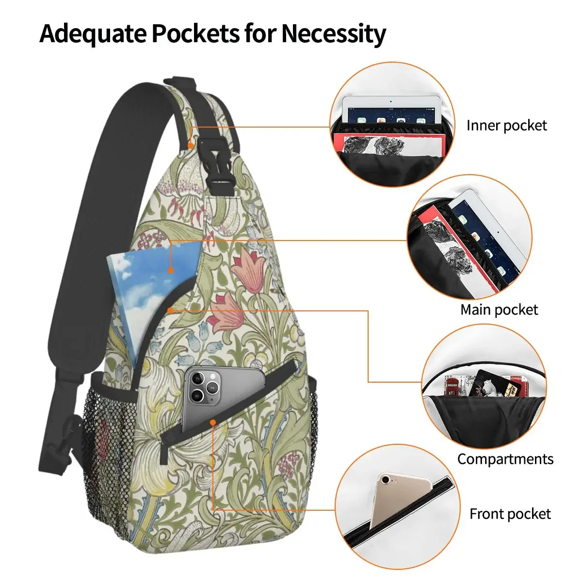 Floral Victorian Flowers Sling Bags Chest Crossbody Shoulder Backpack Outdoor Sports Daypacks William Morris Printed Bag