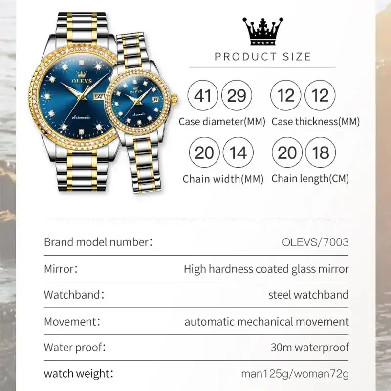 OLEVS Couple Watches Luxury Stainless Steel Diamond Dial Waterproof HD Luminous Automatic Mechanical Elegant Wristwatch Gift Box