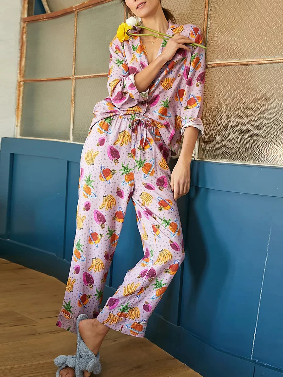 

Women Pajama Set Fruit Print Long Sleeve Button Closure Tops + Pants Sets Leisure Style Sleepwear Loungewear 2 Pcs for Female