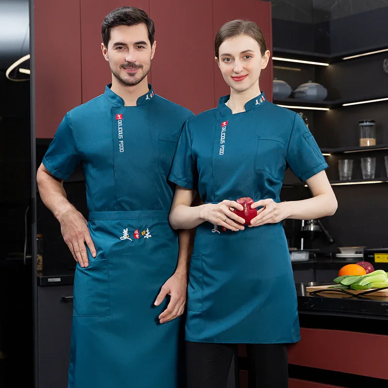 Macacão curto-Sleeved do cozinheiro chefe para homens e mulheres, roupa da cozinha, restaurante do hotel, restaurante da cantina, cozimento, verão