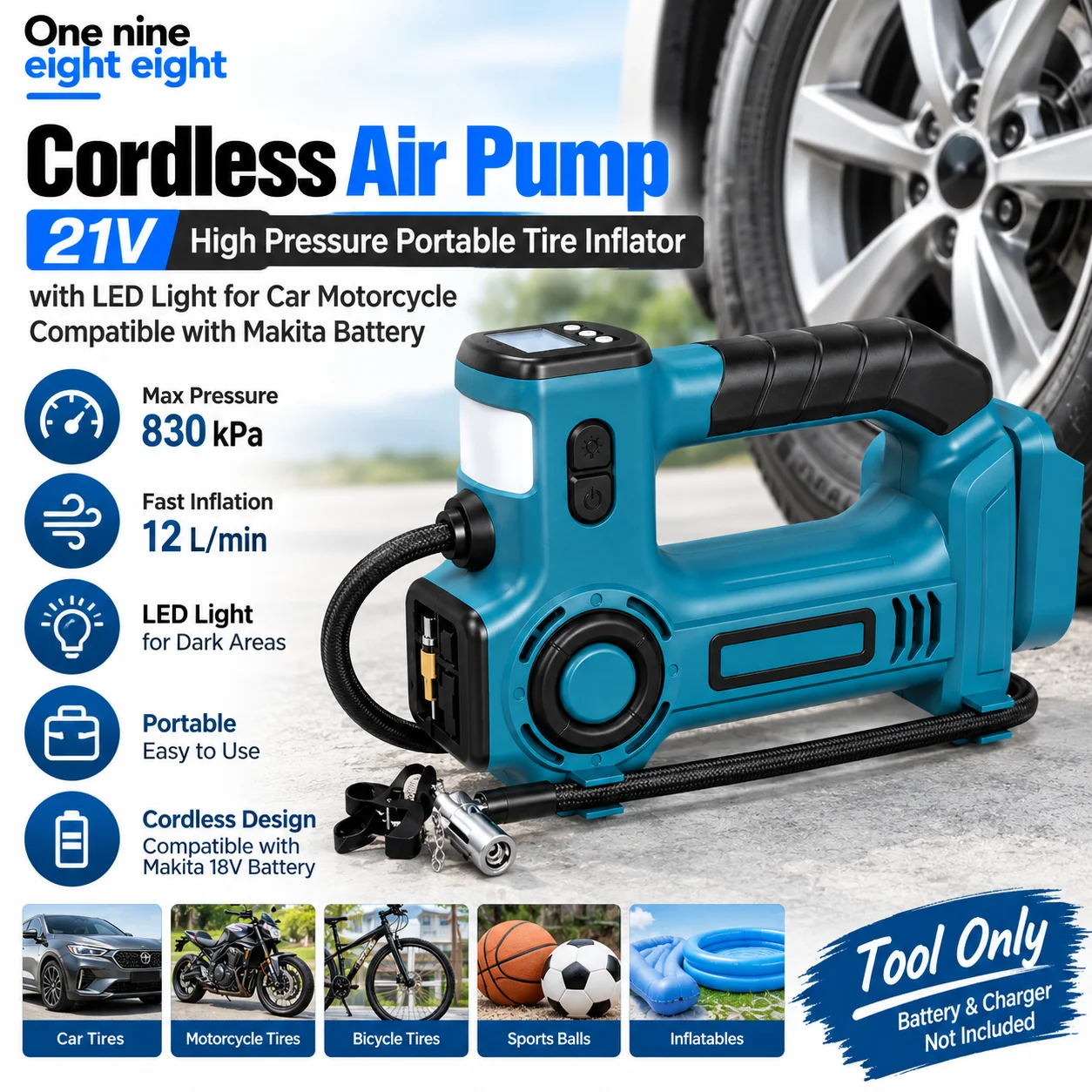 21V Cordless High Pressure Air Pump Portable Tire Inflator with LED Light for Car Motorcycle Compatible with Makita Battery Tool