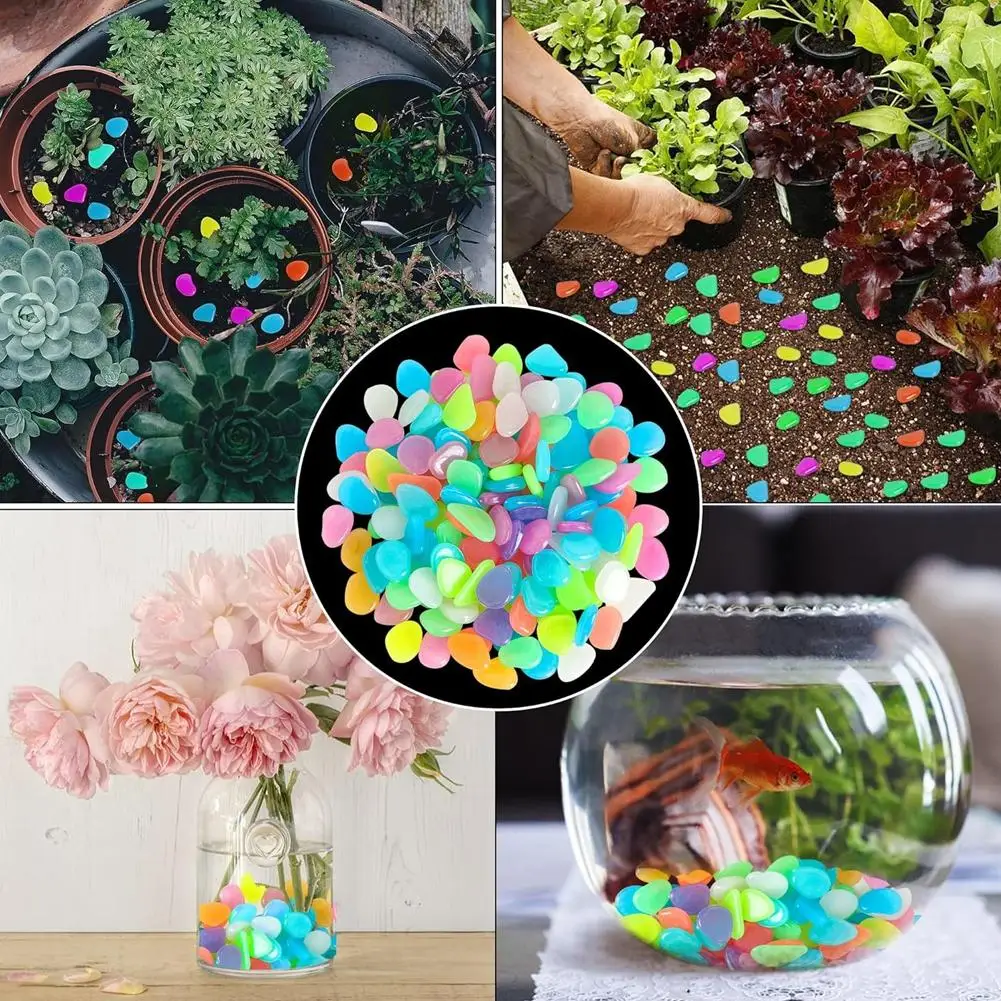200-1000Pcs Glow In The Dark Pebbles Resin Luminous Stones For Landscape Garden Paths Potted Plants Parks Aquarium Decoration