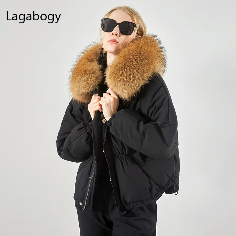 

Duck 2023 Down Winter 90% Coat White Women Thick Warm Puffer Jacket Female Big Real Raccoon Fur Hooded Loose Snow Parka