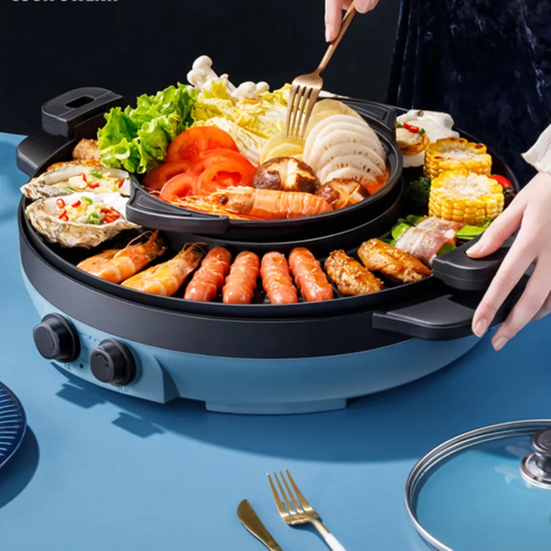 Food Bbq Electric Hot Pot Barbecue Divided Soup Rotate Chinese Hot Pot Instant Noodle Plate Thickened Fondue Chinoise Cookware