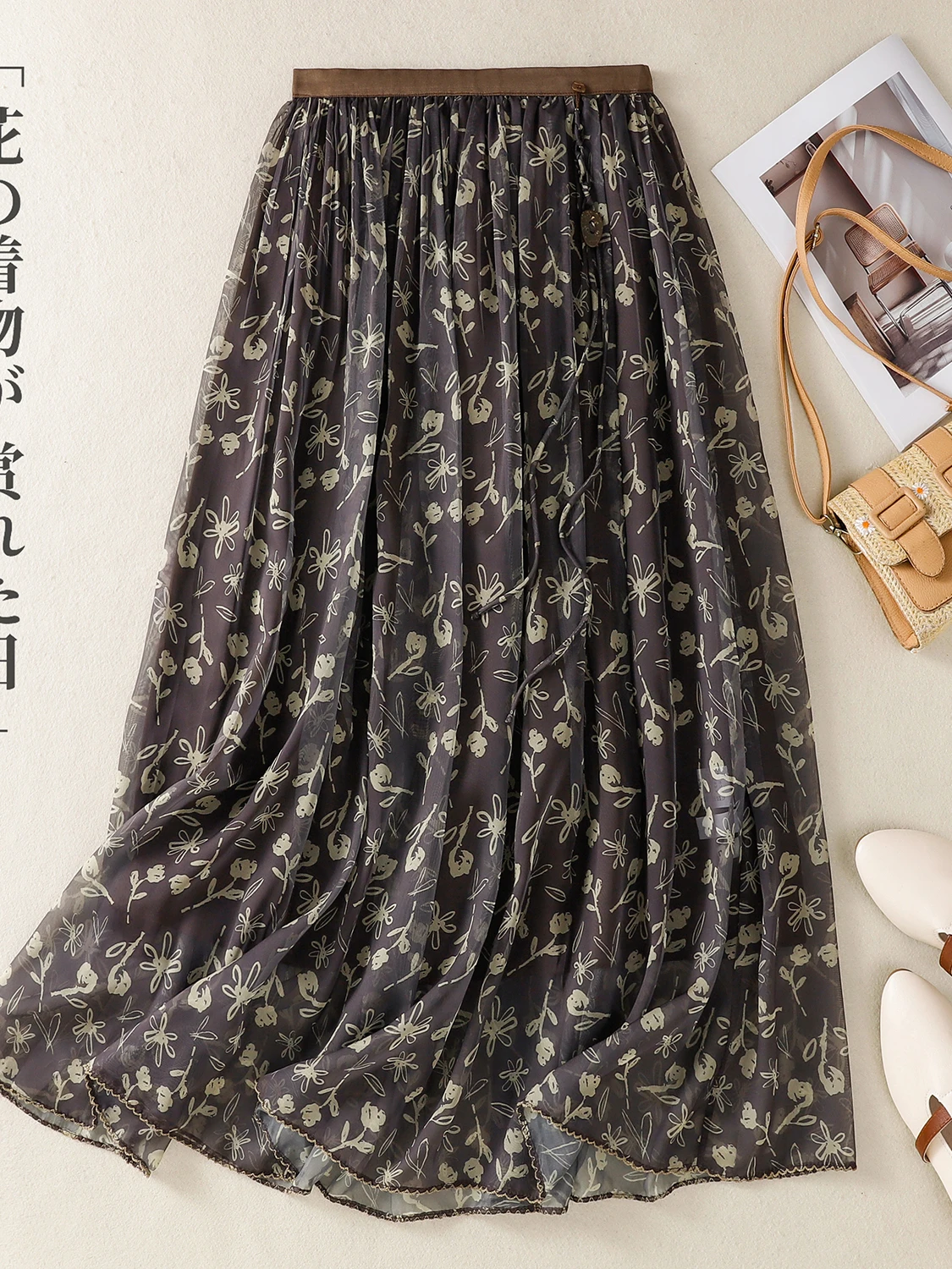 Sommer 2025, neuer Stil für Damen, Übergröße, A-Linien-Rock, Blumendruck, Chiffon, elastische Taille, cooler Schlankheits-Midirock, Pendler-Arti...