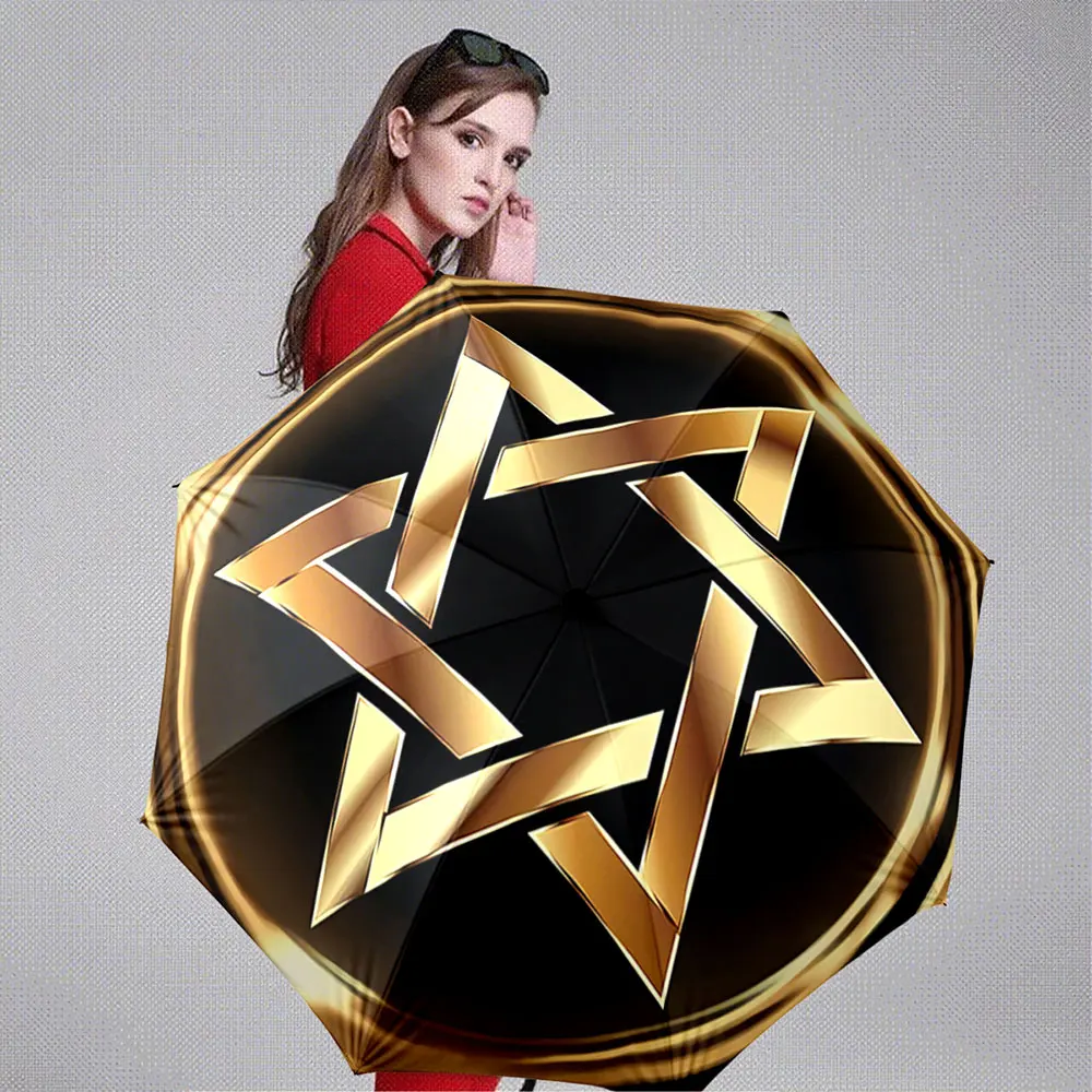Golden Star Symbol Design on Black Circular Background portable waterproof sun rain umbrella for outdoor travel beach