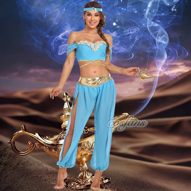 

Aladdin Magic Lamp Jasmine Princess Cosplay Derss for Women Adult Sexy Belly Dance Derss Stage Show Dancewear Halloween Costume