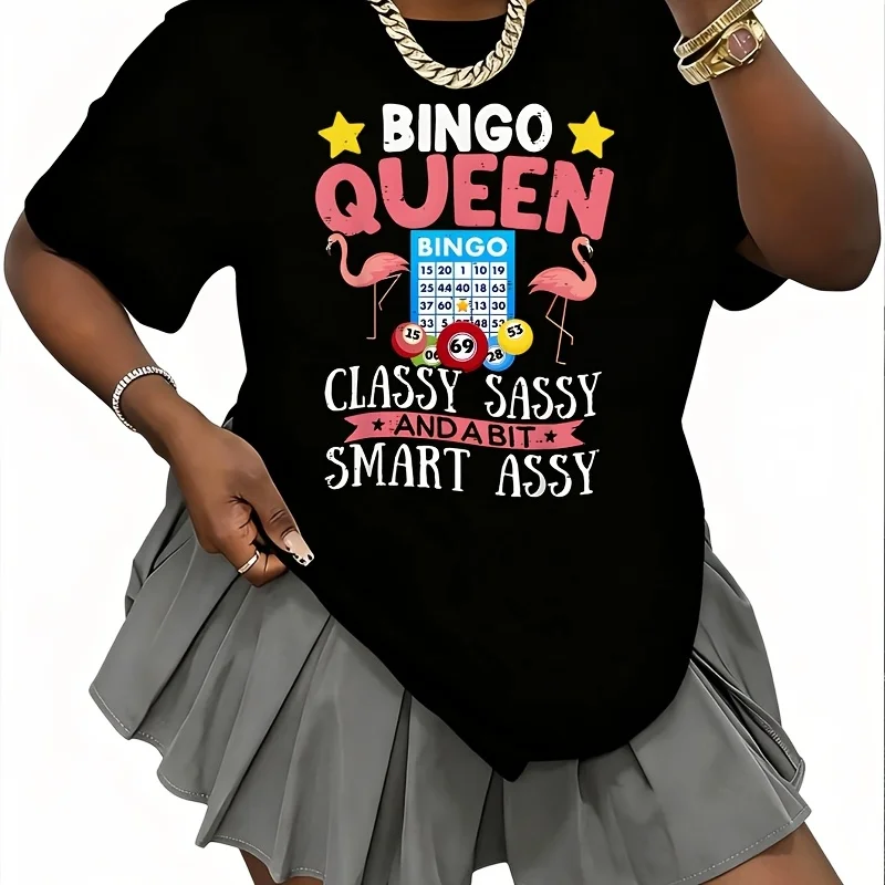 Funny Bingo Queen Graphic Women's 100% Cotton T-Shirt Fun Print Short Sleeve Top Casual Round Neck Tee S-5Xl
