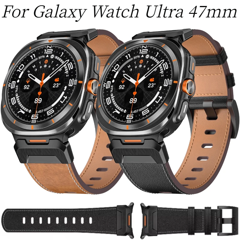 Metal＋Leather Strap For Samsung Galaxy Watch Ultra 47mm Stainless Steel Replacement Bracelet Band For Galaxy Watch 7 Ultra Belt