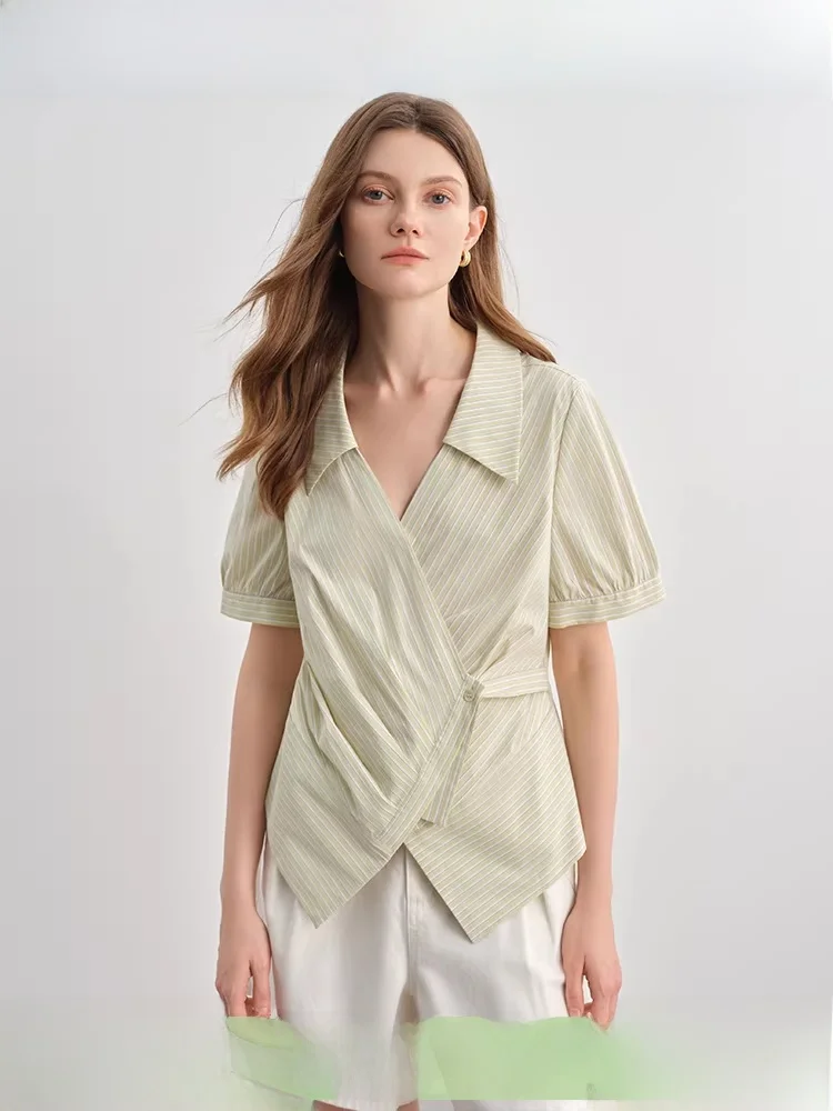 

Large Size Women's Striped irt V-Collar Wrap ort Sve Commute Faion Top Henry Collar Cotton Blend Summer New Arrival