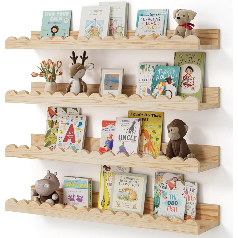 

Nursery Book Shelves, 4-Pack Wood Floating Shelves for Wall Kids, Scalloped Shelves, Wall Book Shelves for Bedroom Kids, Toddler
