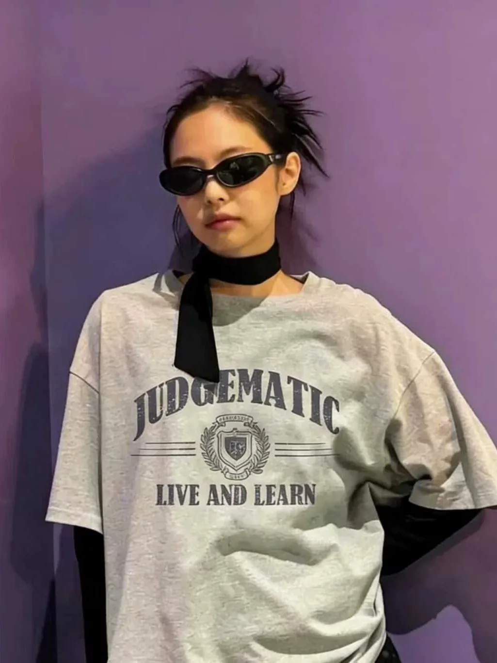 

EXJRjennie Grey Letter Print Short Sleeve T-Shirt American Retro Casual Top for Women Summer Cotton Comfortable Loose Fit