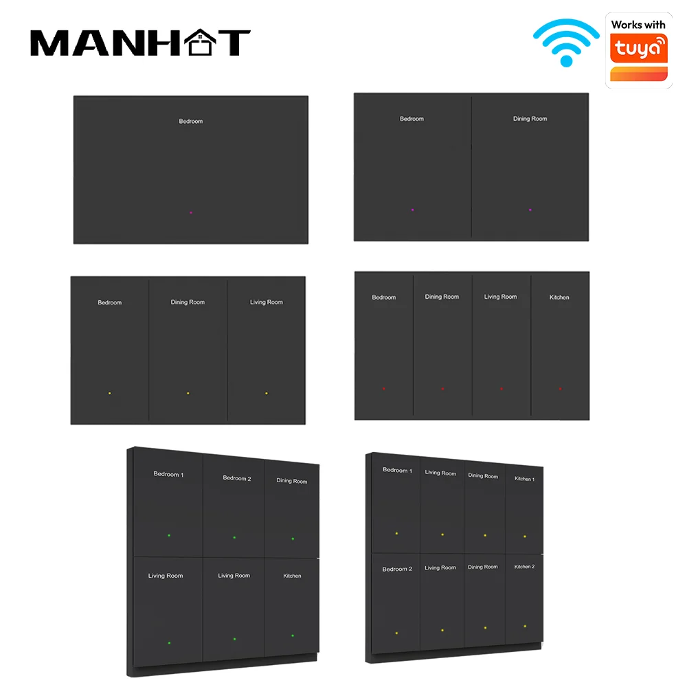 Manhot WIFI Smart DIY Name Switch Horizontal 1/2/3/4/6/8 Gang Light Colour Adjustment Push Button Switch Work Smart Life Alexa
