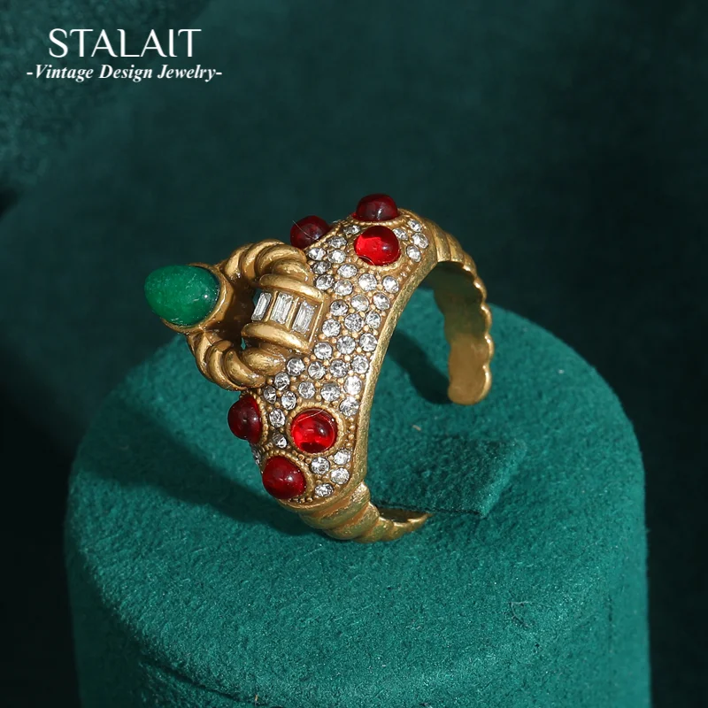 Retro Inlaid Crown Colored Treasure Sheep Horn Rings Gold Color Personality Luxury Party Antique Cooper Vintage Jewelry New