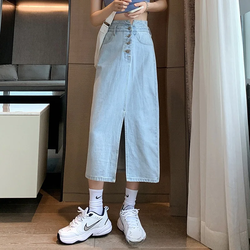 2023年夏ファッション ハイウエストデニムミニミディスカート レディース トレンド スリムフィット Aラインスカート フロントスリット入り カジュアル コットンブレンド