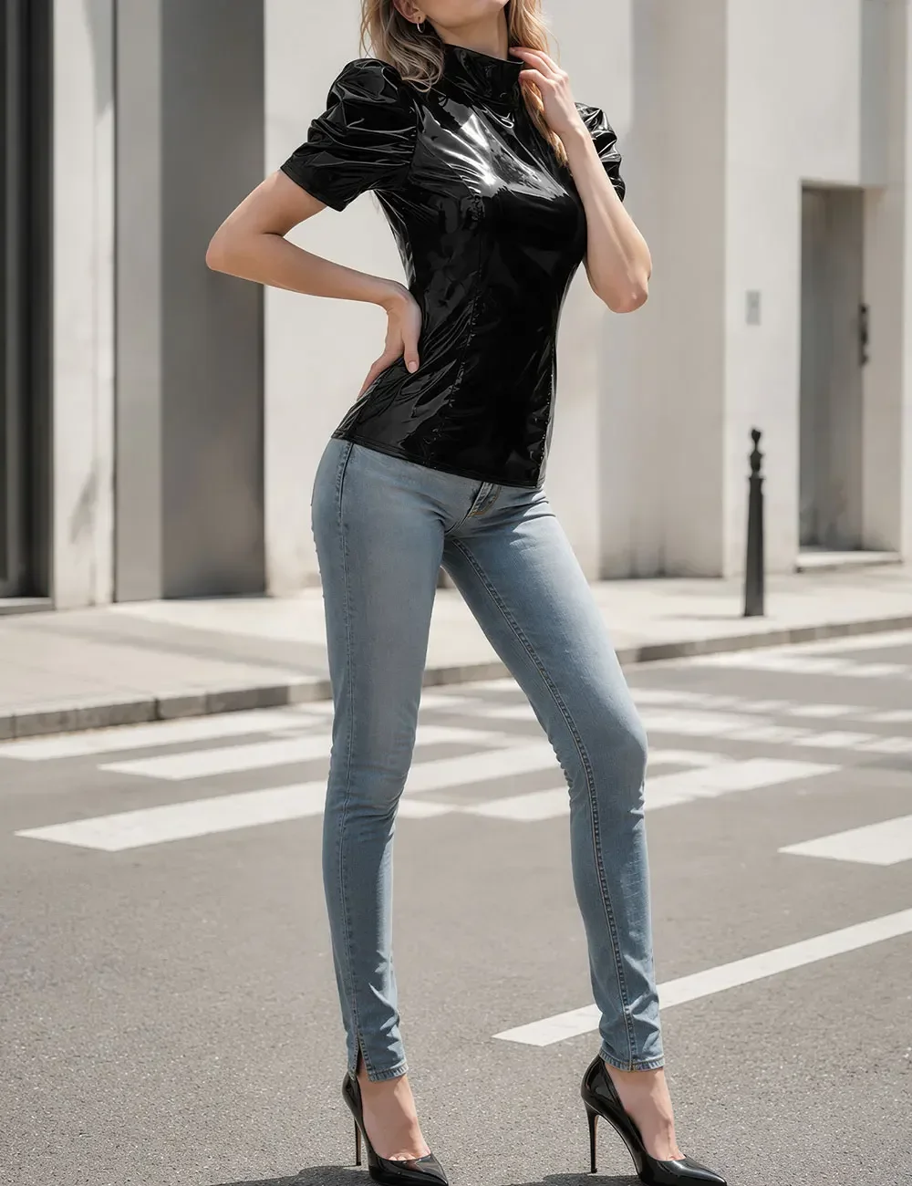 Sexy schwarzes, glänzendes, hochglänzendes, wet-look-PU-Leder-Oberteil mit Puffärmeln, hohem Kragen, figurbetont, Clubwear, Party, Y2K, Streetwear, schick, heiß, für Damen – Detail 2
