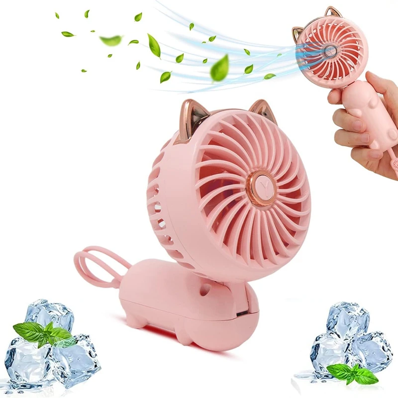 Miniventilador plegable con orejas de gato, ventilador pequeño con batería recargable por USB, color rosa, 1 unidad