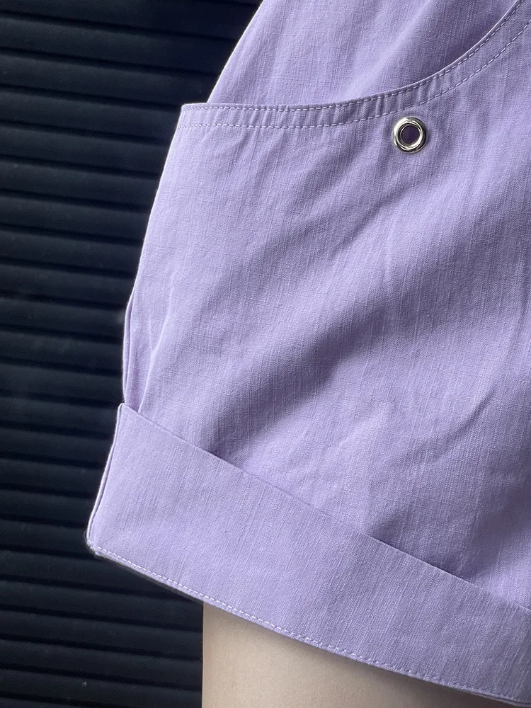 Shorts de algodão de cintura alta, bolsos grandes, cor sólida, botão frontal com cordão, shorts básicos, roxo, preto, roupas femininas de verão