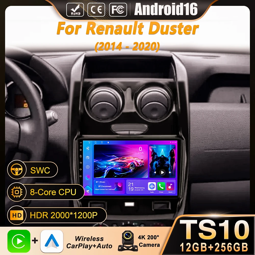 Android 16 Carplay Car Radio For Renault Duster 2014 2015 2016 2017 -2020 Navigation GPS Multimedia Player Stereo WiFi+4G DSP BT