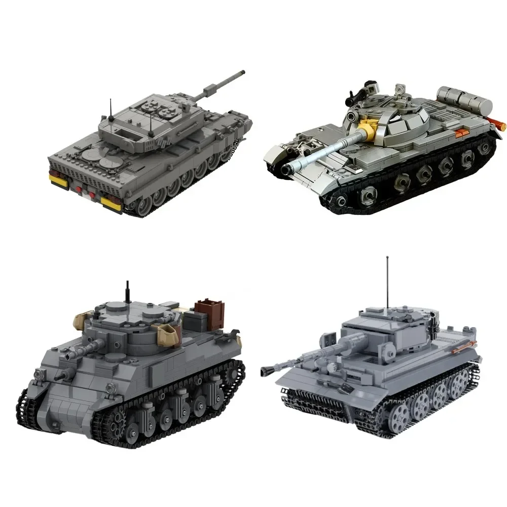 MOC Militaire M4A3E8 76 W HVSS Bouwstenen Model T-55A Medium Tank Bricks Luipaard 2 Tanks VI Tijger DIY Gemonteerd Speelgoed Kid Gift