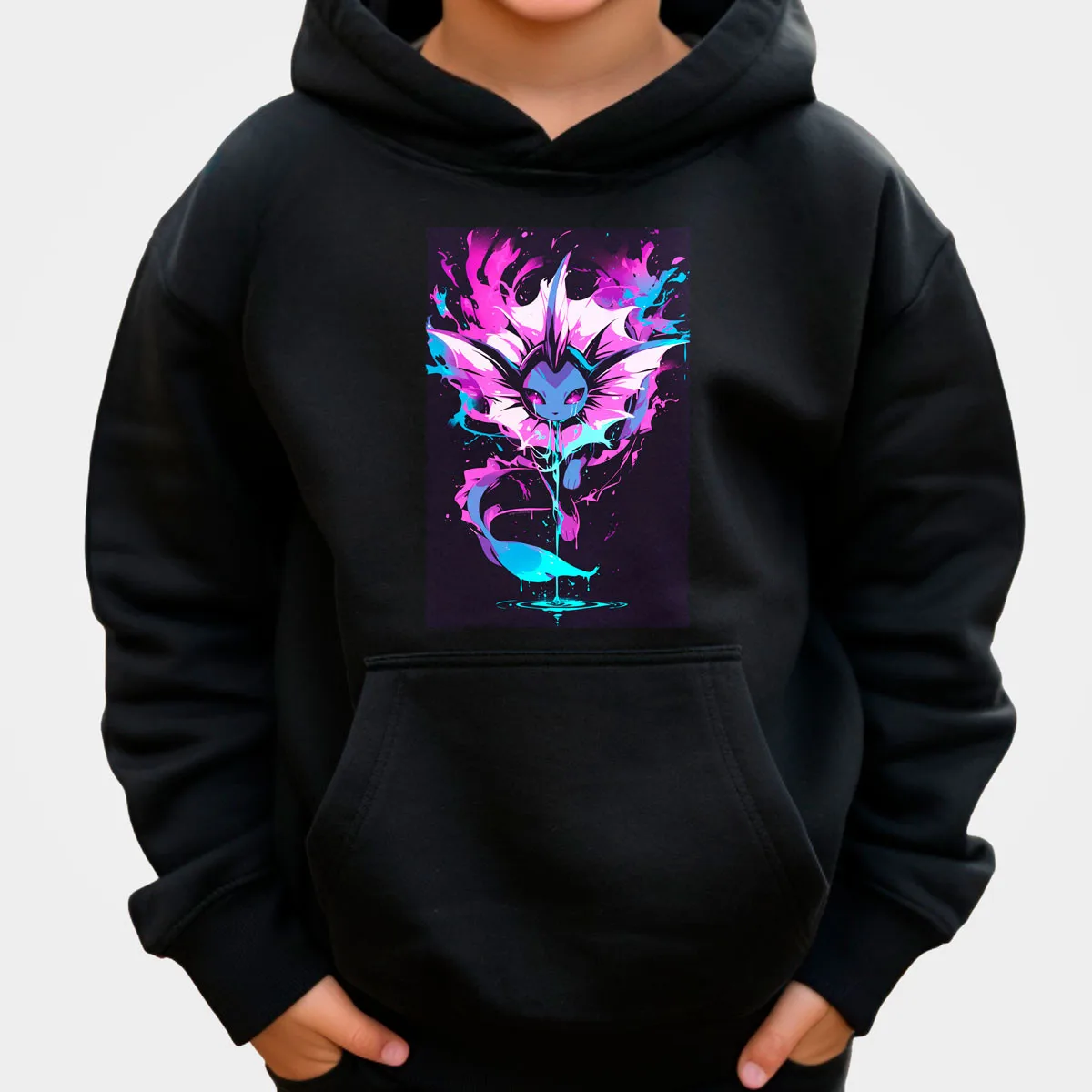 Pokemon Anime Sylveon Cotton Hoodie Black with Pink Blue Yellow Colorful Splash Pattern Loose Fit Casual Style​
