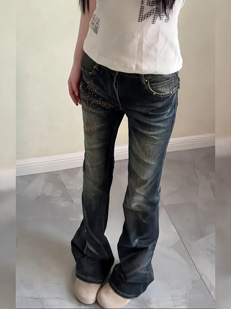 

American Style Spicy Girl Cross Rhinestone Denim Pants Women Summer New High Street Vintage Slimming Flared Long Trousers