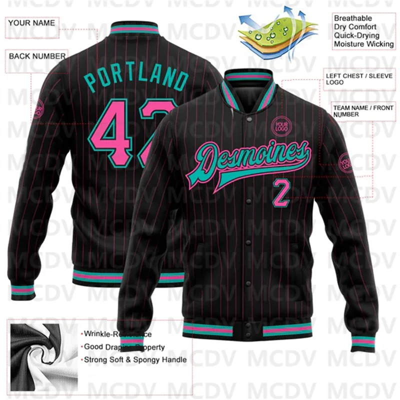 Jaqueta personalizada Varsity Letterman, jaqueta impressa 3D botão de beisebol, bombardeiro preto rosa pinstripe Aqua, snap completo