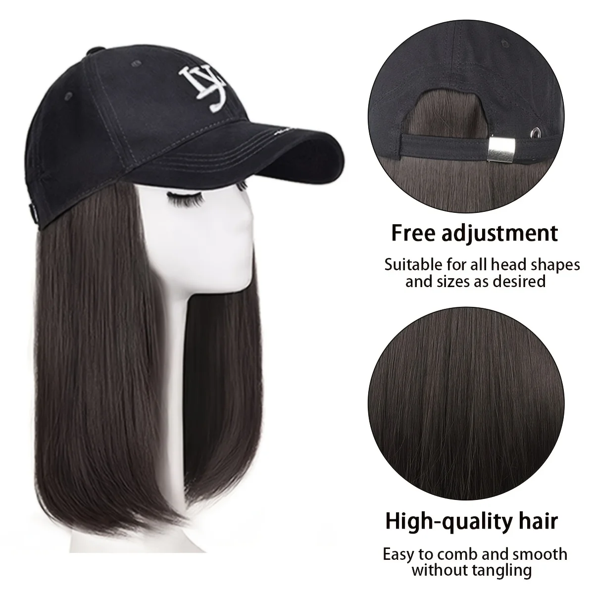 Embroidered Letter Black Cap Wig for Women - Short Straight Synthetic Hair, Easy to Wear, Perfect for Everyday Use