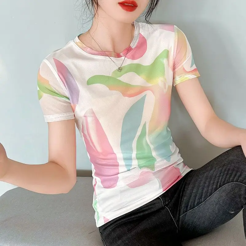 

Women's Summer New Korean Minimalist Commute Geometric Printed Tie Dye Gauze Pullover Round Neck Slim Short Sleeve T-shirts Tops